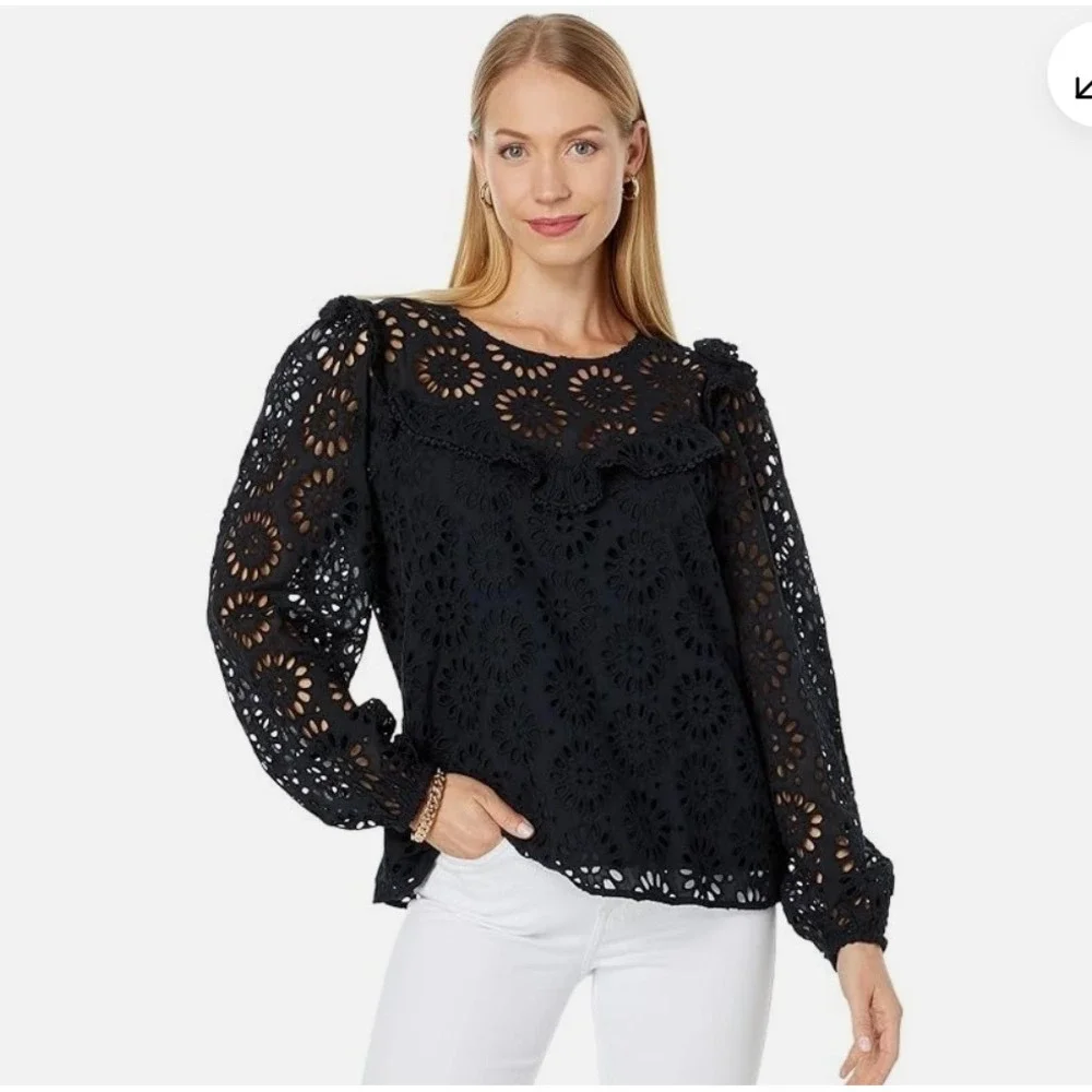Lilly‎ Pulitzer Caroline Eyelet Ruffle Long Sleeve Blouse In Onyx Top Size Small